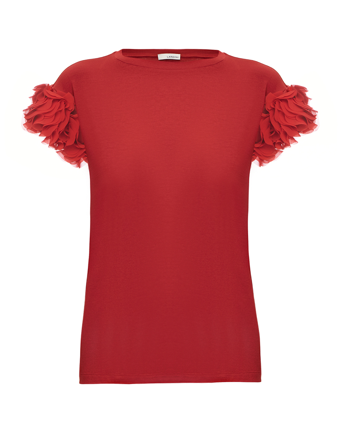 Жіноча червона футболка з рюшами-1
